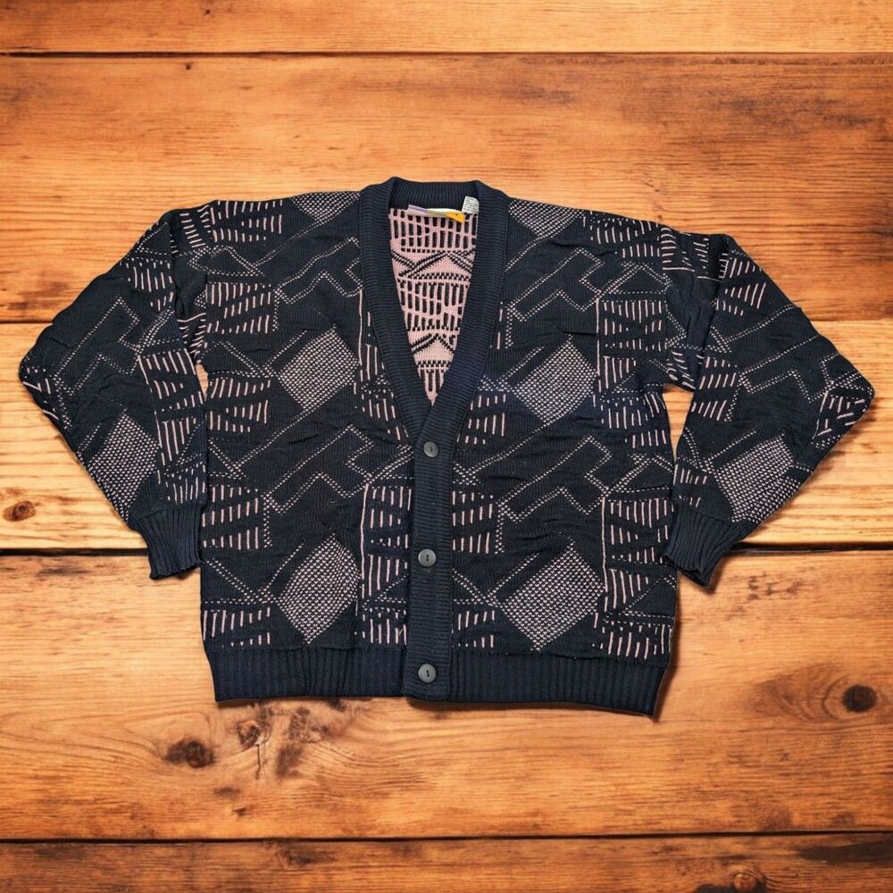 Vintage 60s 70s POLICY STUDIOS Black Knit Button-Up Sweater‎ Cardigan Retro